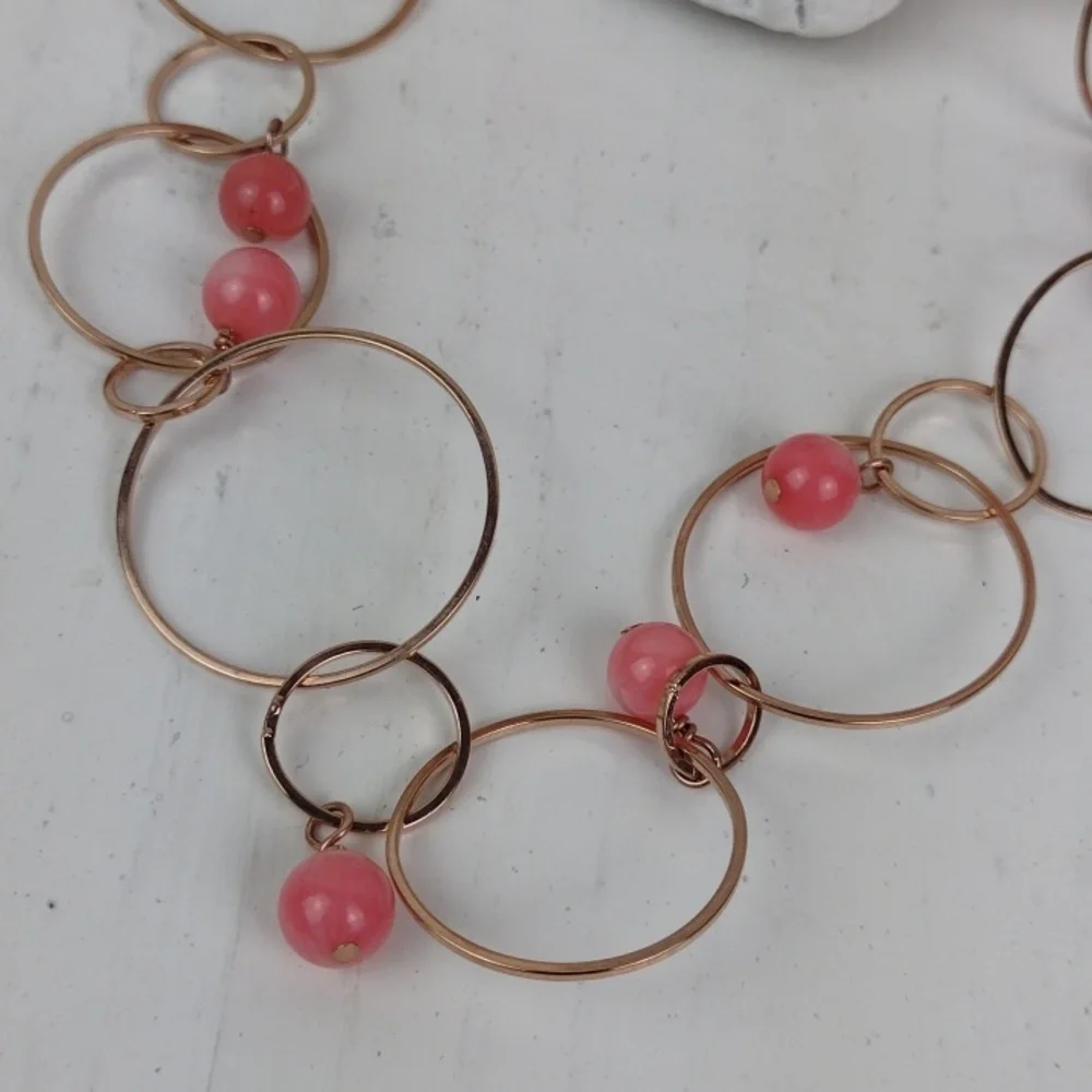 Dainty Gold Ring Chain Link Hoop & Coral Peachy Beads Necklace